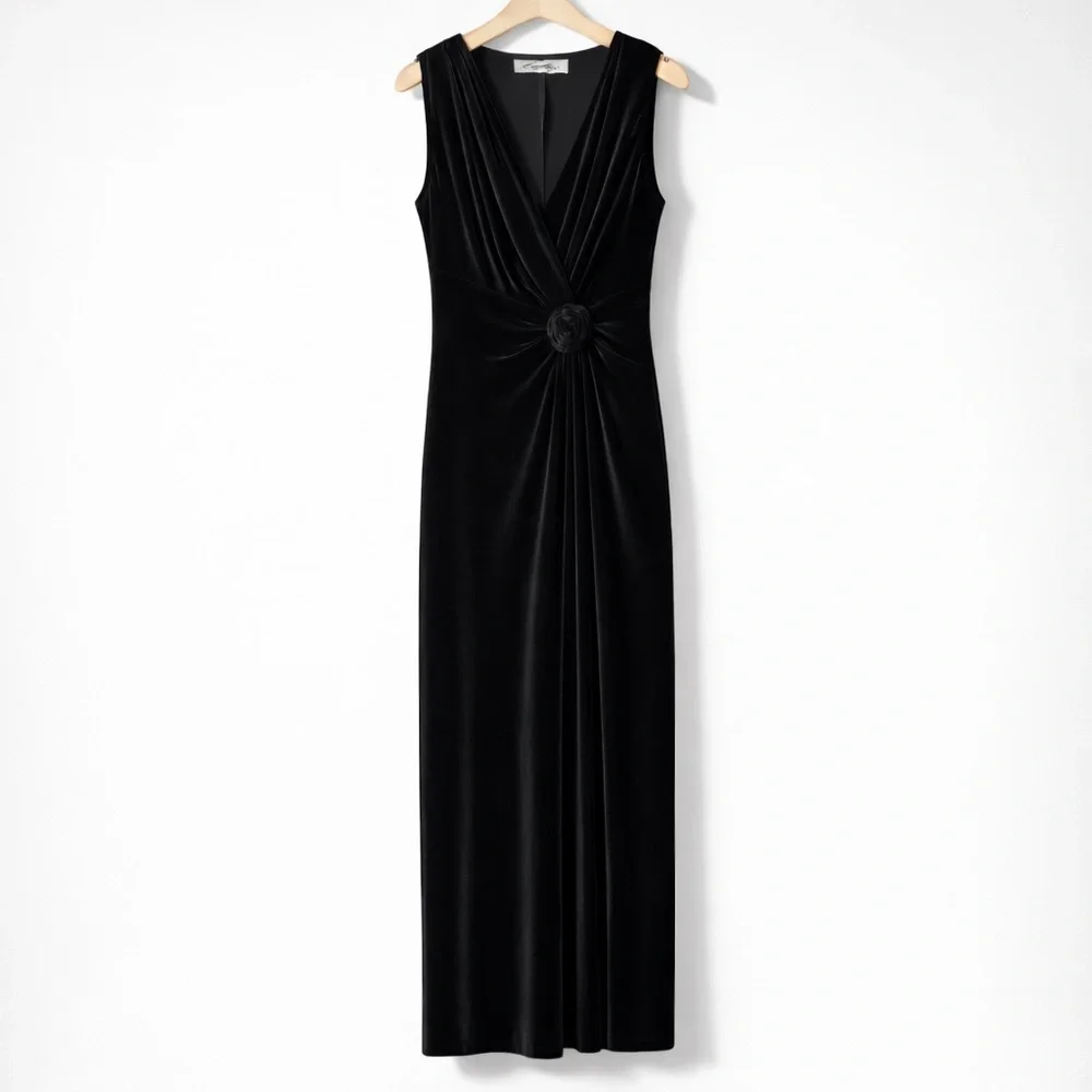 CARTISE Velvet Maxi Dress Sleeveless Draped Formal Evening Cocktail Gown Black - Picture 4 of 16